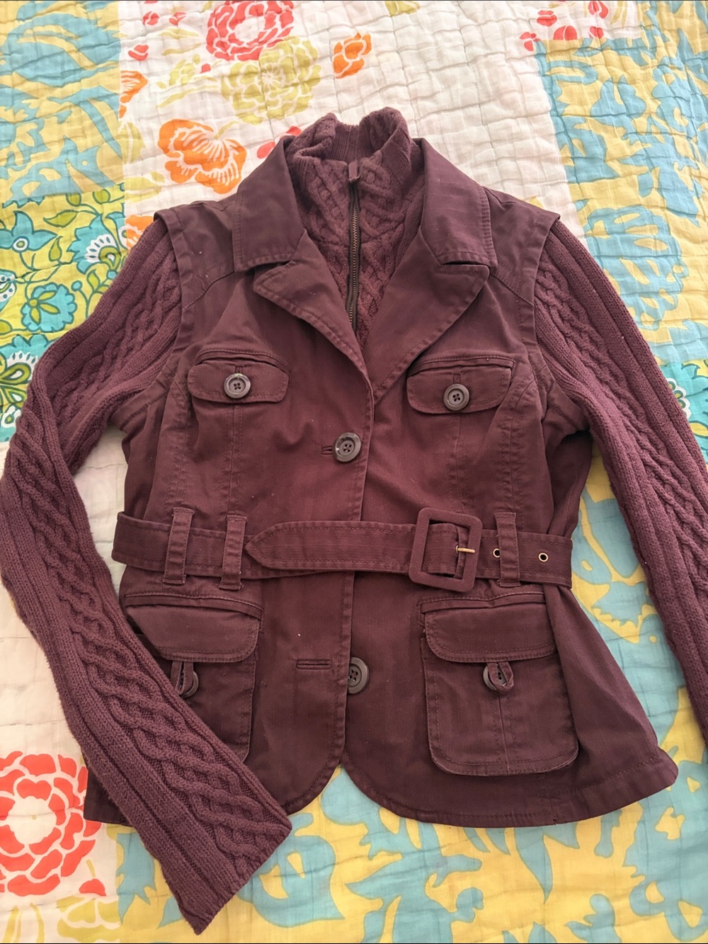 Vintage Anthropologie 4 Dots Brown Belted Utility Jacket with Cable-Knit Sleeves